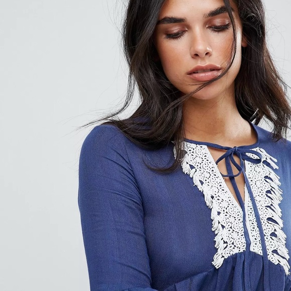 Cute English Factory Ruffle Mini Dress with Lace Trim & Flounce Sleeves Navy XS - Picture 5 of 16